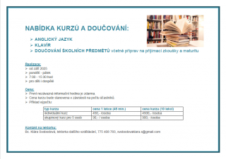Nabídka kurzů a doučování - Angličtina, klavír, školní předměty